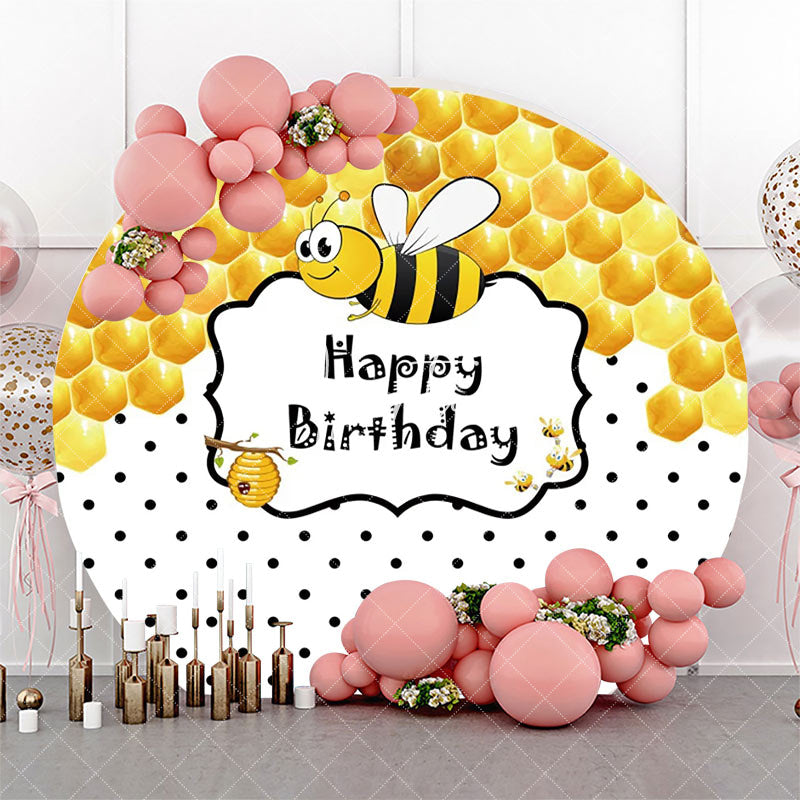 Aperturee - Little Bee Honeycomb Round Happy Birthday Backdrop