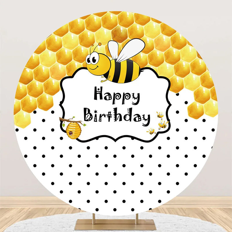 Aperturee - Little Bee Honeycomb Round Happy Birthday Backdrop