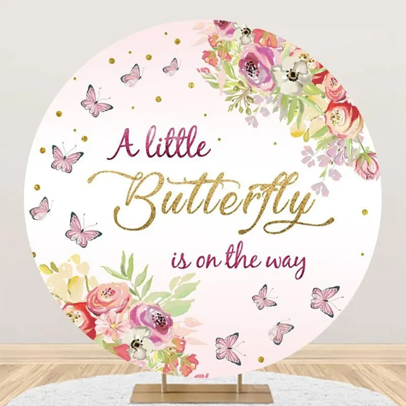 Aperturee - Little Butterfly Floral Round Baby Shower Backdrop