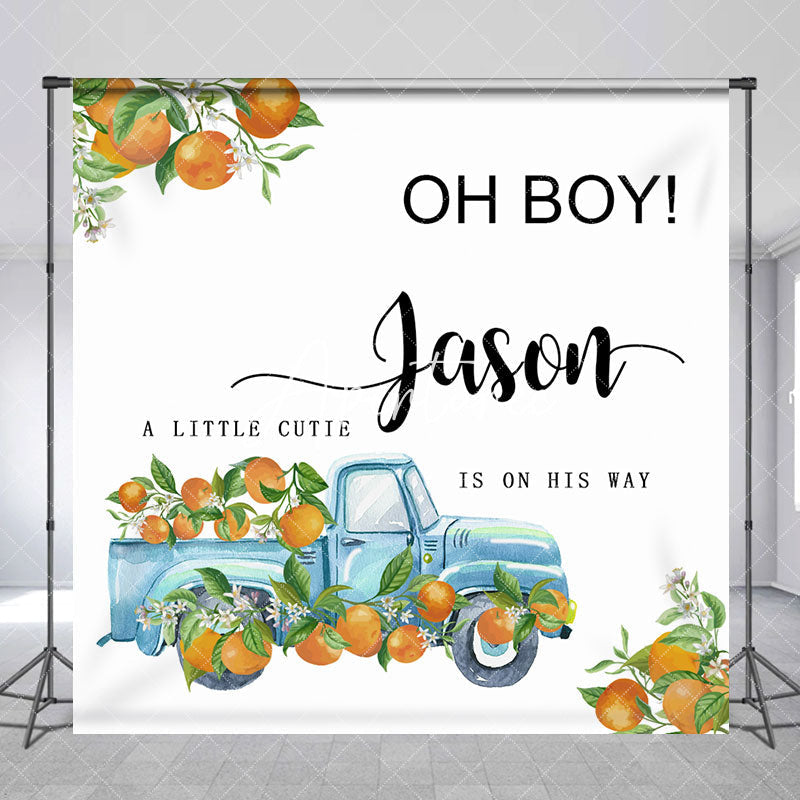 Aperturee - Little Cutie Orange Custom Name Baby Shower Backdrop