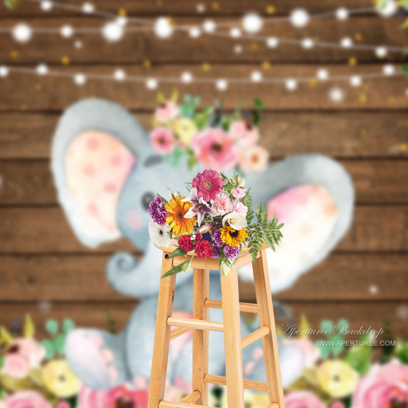 Aperturee - Little Elephant Floral Wooden Photo Booth Backdrop