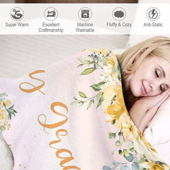 Lofaris Little Elephant Gold Floral Custom Blanket With Name