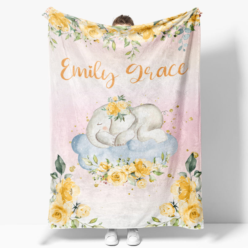 Lofaris Little Elephant Gold Floral Custom Blanket With Name