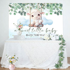 Aperturee - Little Lamb Greenery Blue White Baby Shower Backdrop