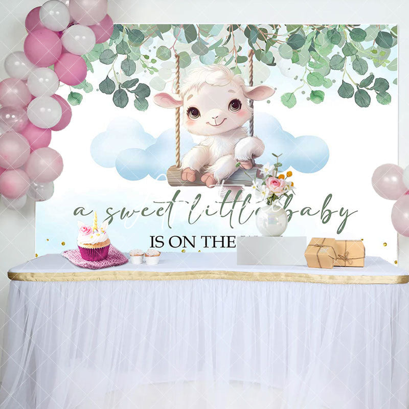 Aperturee - Little Lamb Greenery Blue White Baby Shower Backdrop