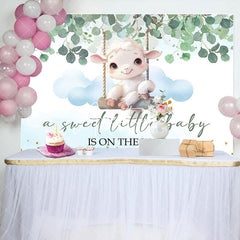 Aperturee - Little Lamb Greenery Blue White Baby Shower Backdrop