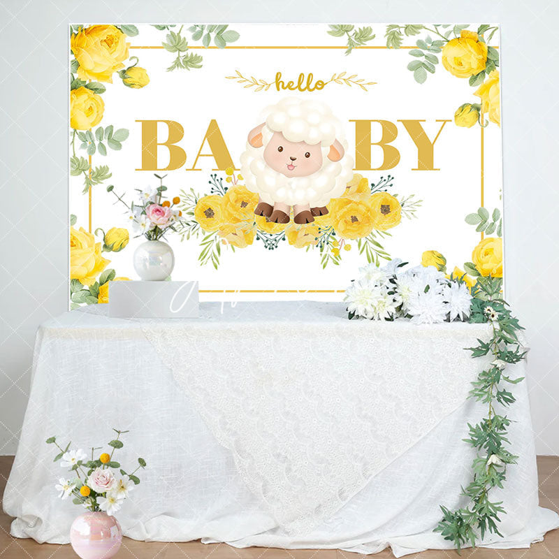 Aperturee - Little Lamb Yellow Floral Leaf Baby Shower Backdrop