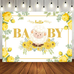 Aperturee - Little Lamb Yellow Floral Leaf Baby Shower Backdrop