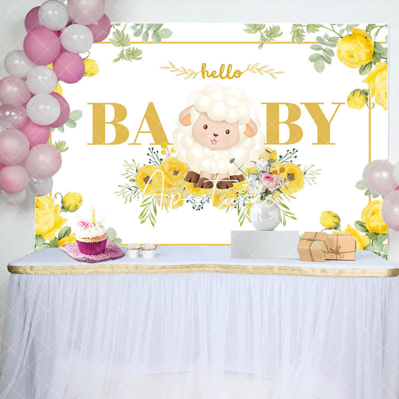 Aperturee - Little Lamb Yellow Floral Leaf Baby Shower Backdrop