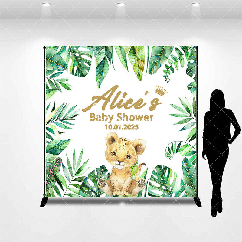 Aperturee - Little Lion Green Leaves Custom Baby Shower Backdrop