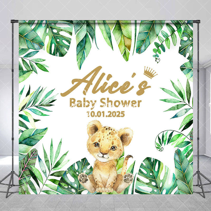 Aperturee - Little Lion Green Leaves Custom Baby Shower Backdrop