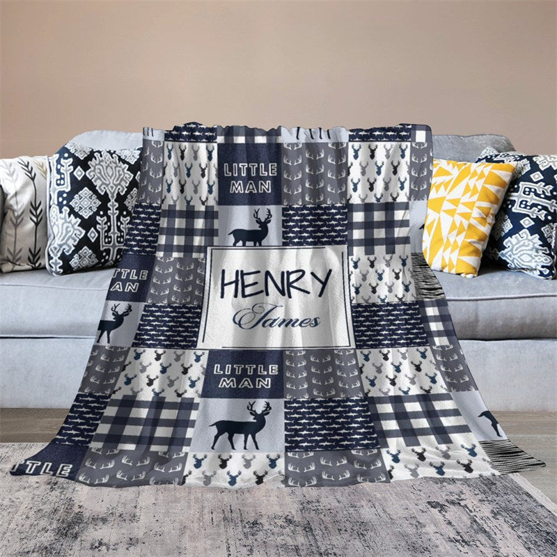 Aperturee - Little Man Indigo Deer Plaid Custom Name Blanket