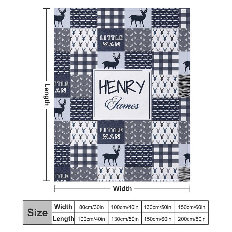 Aperturee - Little Man Indigo Deer Plaid Custom Name Blanket