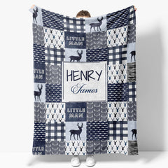 Aperturee - Little Man Indigo Deer Plaid Custom Name Blanket