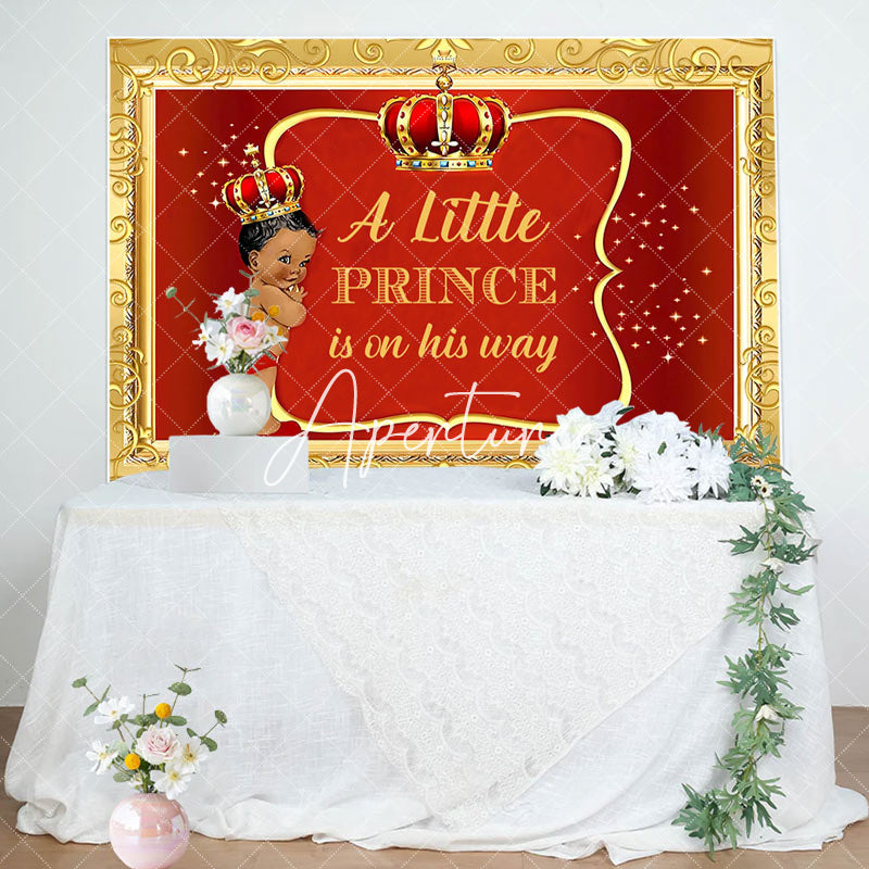 Aperturee - Little Prince Red Gold Royal Baby Shower Backdrop