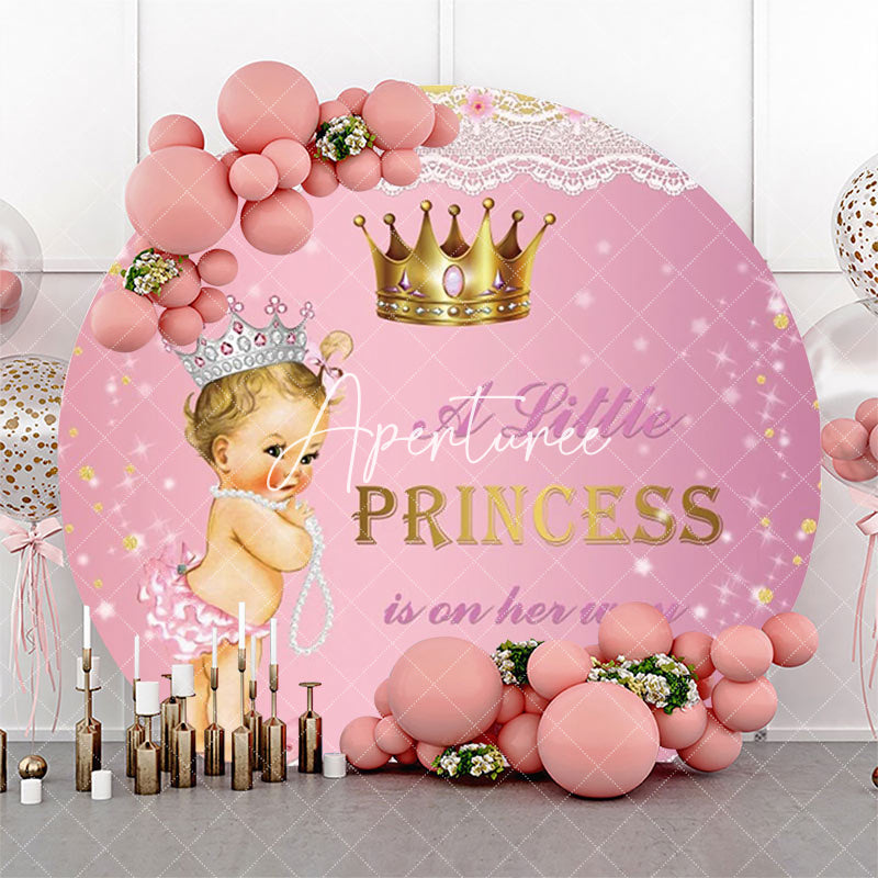 Aperturee - Little Princess Pink Lace Round Baby Shower Backdrop