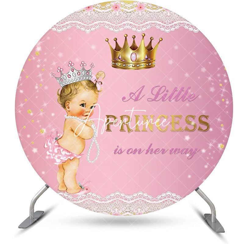 Aperturee - Little Princess Pink Lace Round Baby Shower Backdrop