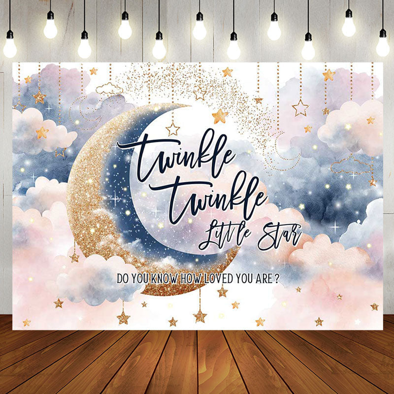 Aperturee - Little Star Sparkle Moon Twins Baby Shower Backdrop