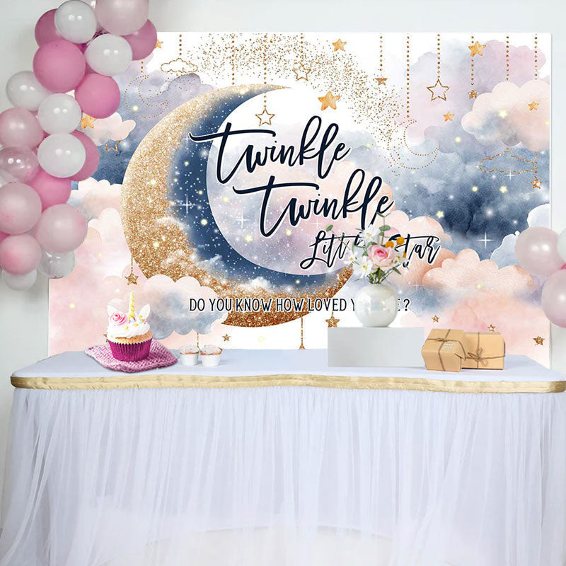 Aperturee - Little Star Sparkle Moon Twins Baby Shower Backdrop