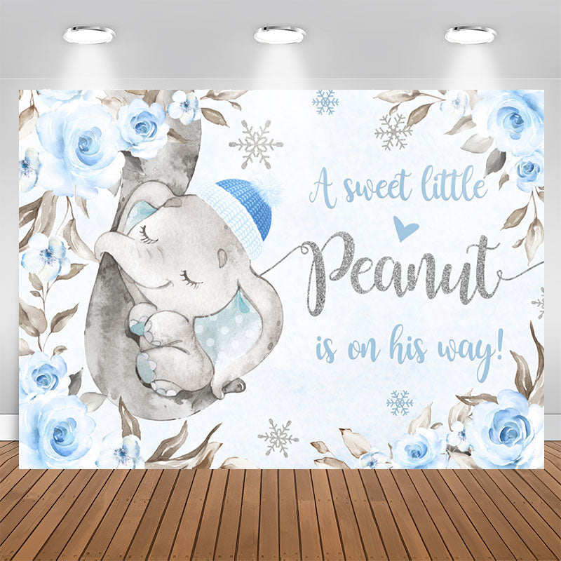 Aperturee - Little Sweet Elephant Blue Floral Baby Shower Backdrop