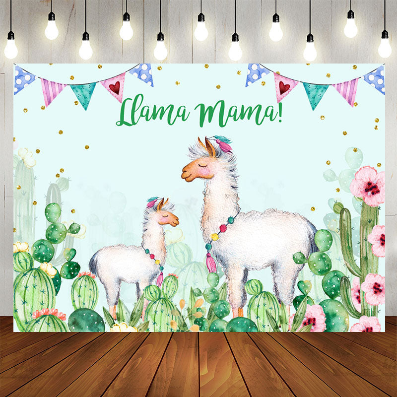 Aperturee - Llama Mama Green Cactus Gold Dots Theme Party Backdrop