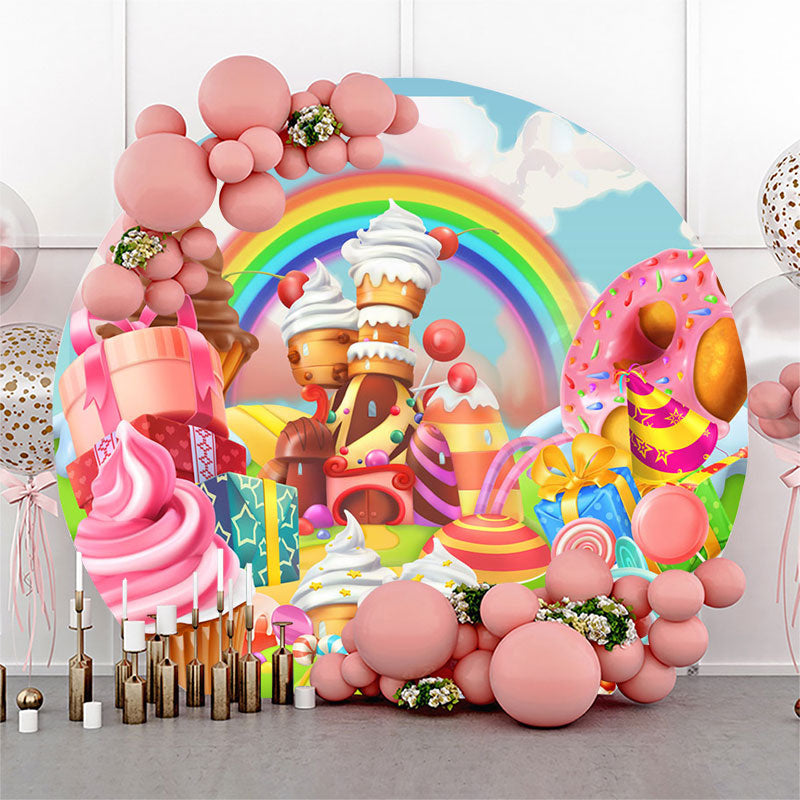 Aperturee Lollipop Candyland Rainbow Round Birthday Backdrop