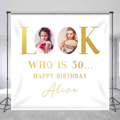 Aperturee - Look Who Is 50 White Custom Photo Birthday Backdrop