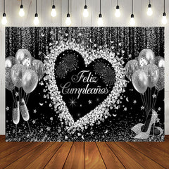 Aperturee - Love Balloon Silver Sparkle Glitter Birthday Backdrop