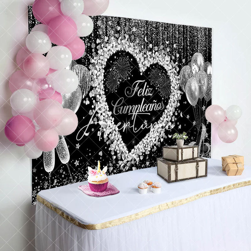 Aperturee - Love Balloon Silver Sparkle Glitter Birthday Backdrop