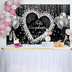 Aperturee - Love Balloon Silver Sparkle Glitter Birthday Backdrop