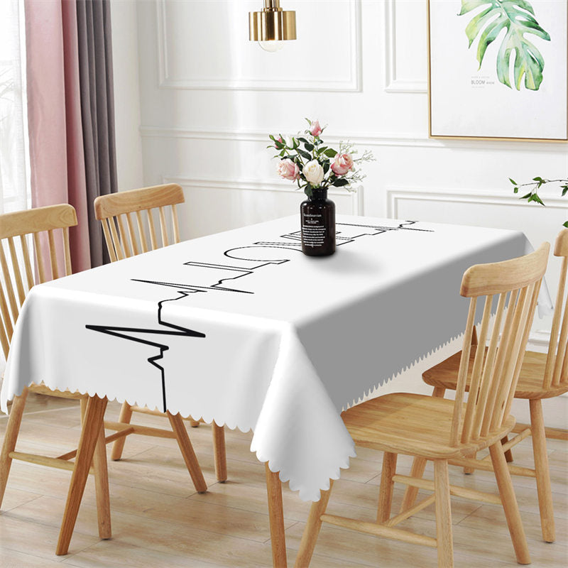 Aperturee - Love Black Wave Line White Rectangle Tablecloth