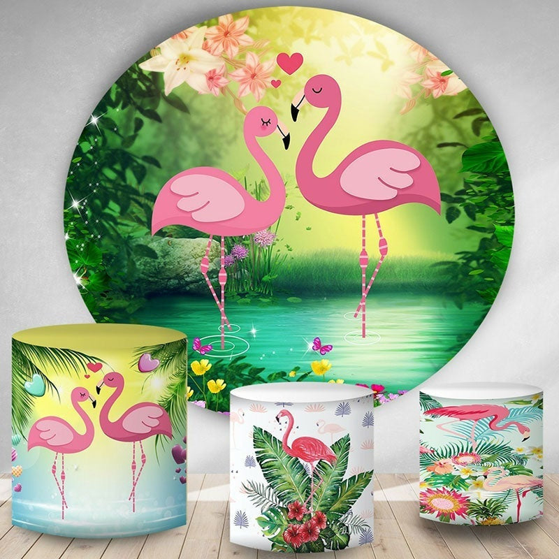 Aperturee Love Flamingo Round Floral Valentines Day Backdrop Kit