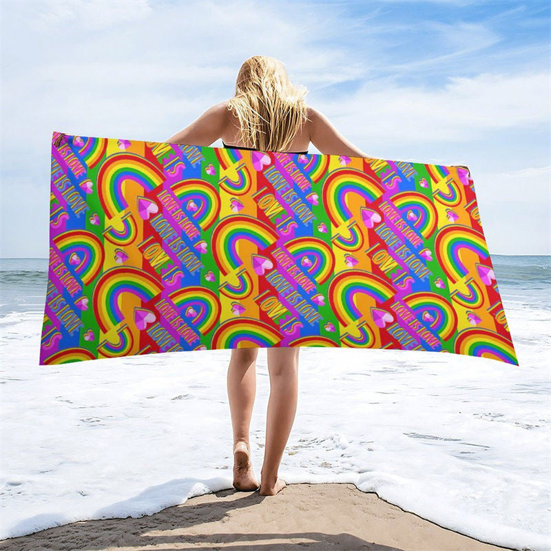 Aperturee - Love Is Love Colorful Rainbow Hearts Beach Towel