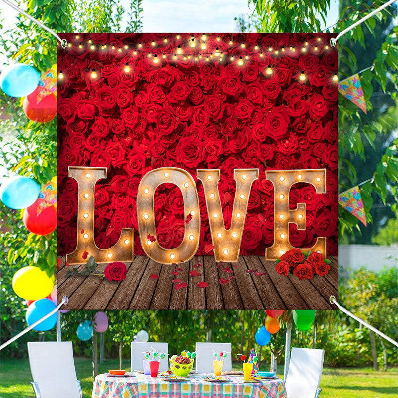 Aperturee - Love Light Red Roses Wall Valentines Day Backdrop