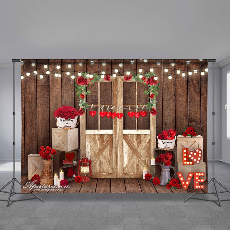 Aperturee - Love Lights Red Rose Wooden Valentine Backdrop