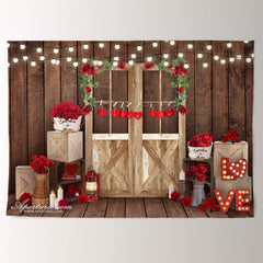 Aperturee - Love Lights Red Rose Wooden Valentine Backdrop