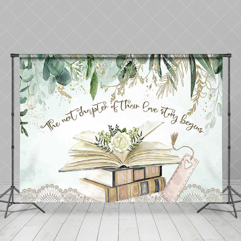 Aperturee - Love Story Begins Green Leaves Book Wedding Backdrop