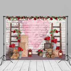 Aperturee - Love Teddy Bears Red Rose Brick Wall Photo Backdrop