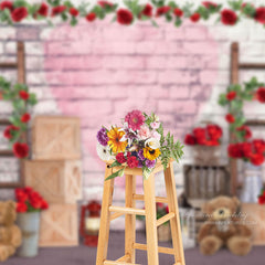 Aperturee - Love Teddy Bears Red Rose Brick Wall Photo Backdrop