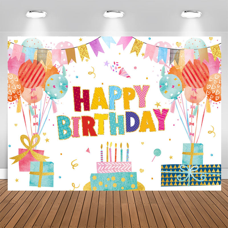 Aperturee - Lovely Balloon Flags With Cake Happy Birthday Backdrop