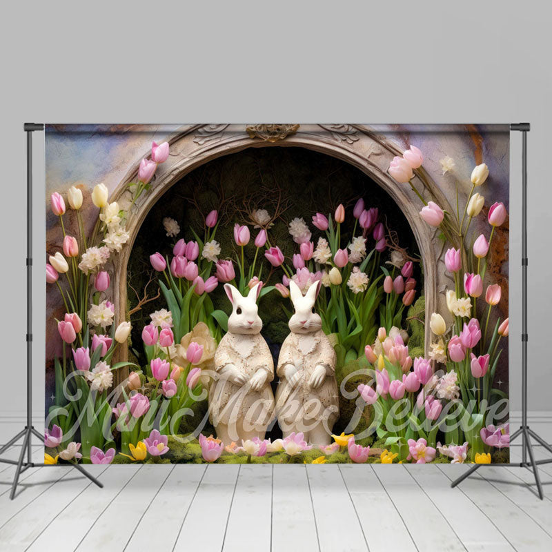 Aperturee - Lovely Bunny Tulip Floral Arch Hole Easter Backdrop