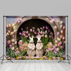 Aperturee - Lovely Bunny Tulip Floral Arch Hole Easter Backdrop