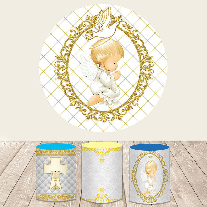 Aperturee Lovely Glitter Gold Angel With Dove Round Backdrop Kit