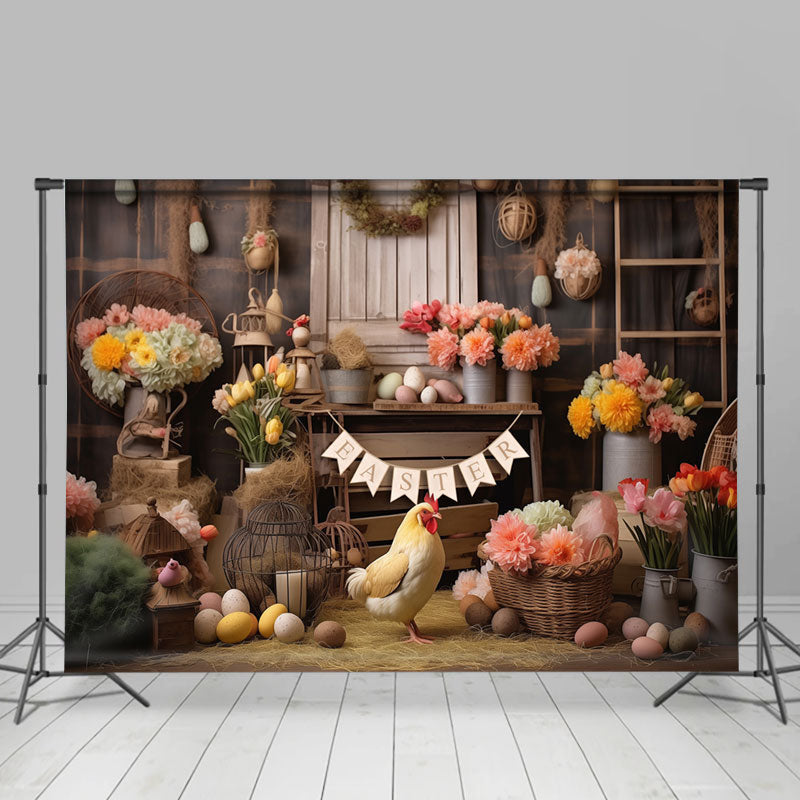 Aperturee - Lovely Hen Hay Eggs Fresh Floral Easter Backdrop