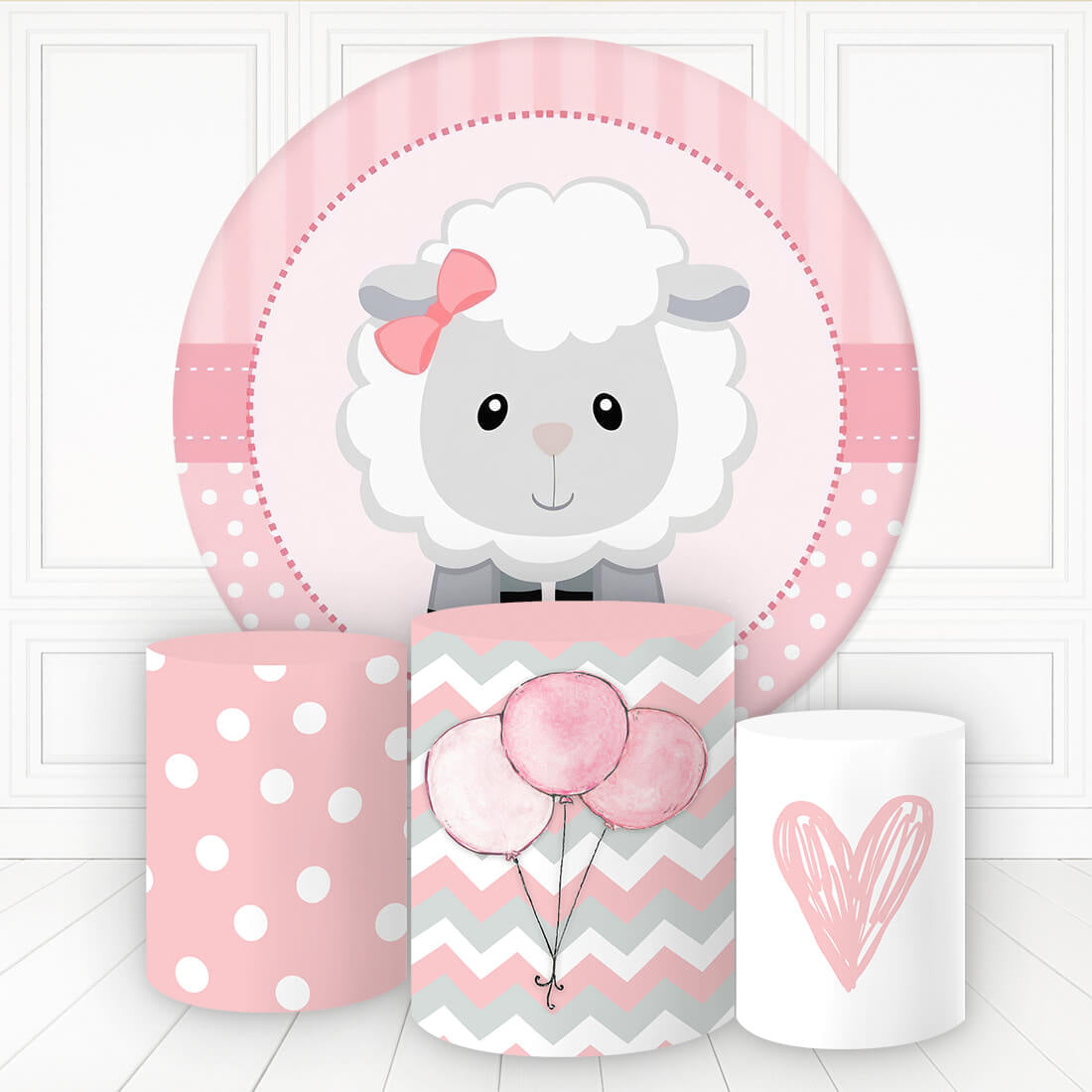 Aperturee Lovely Lamb Balloon Heart Round Backdrop Kit For Girl