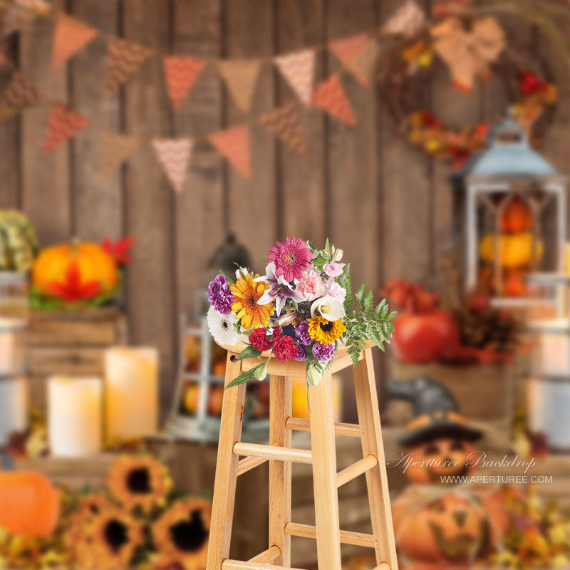 Aperturee - Lovely Pumpkins with Leaves Happy Halloween Backdrop