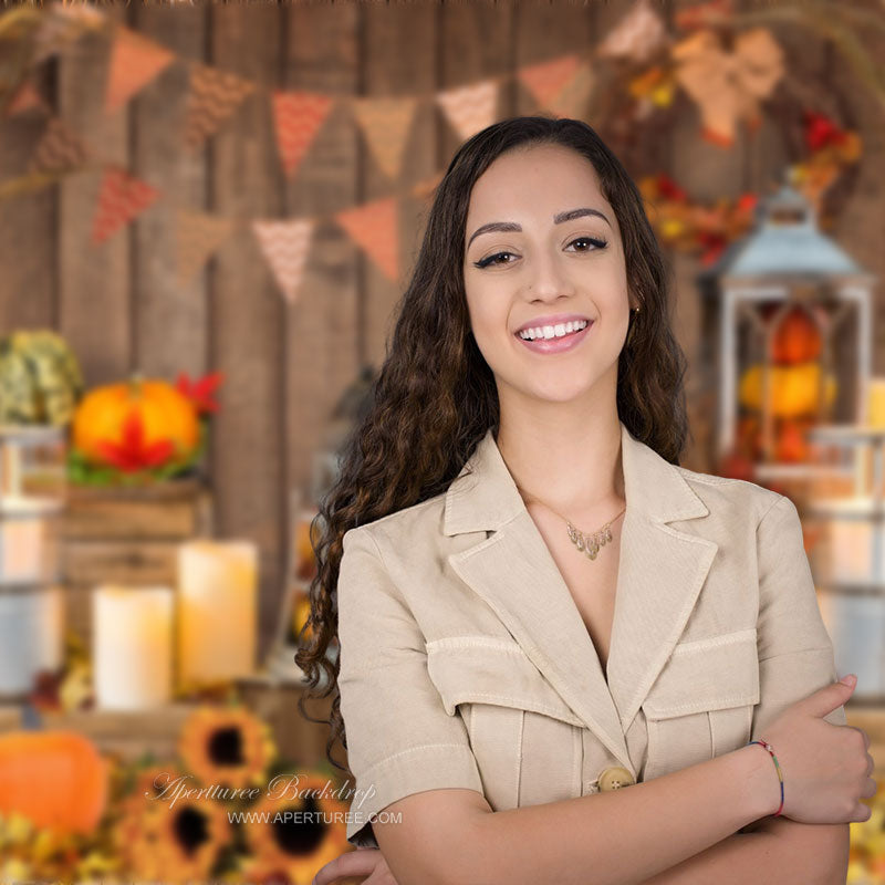 Aperturee - Lovely Pumpkins with Leaves Happy Halloween Backdrop