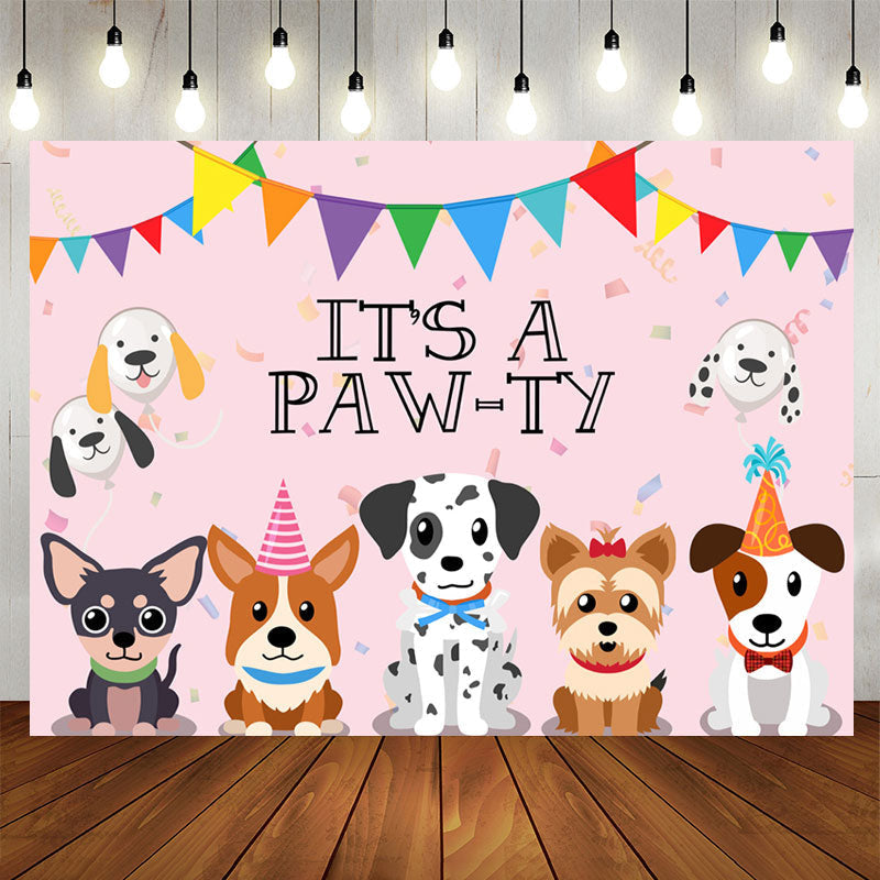 Aperturee - Lovely Puppy Its A Pawty Pink Animal Birthday Backdrop