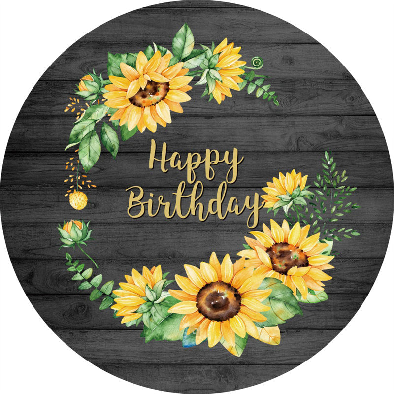 Aperturee Lovely Sunflower Wooden Round Happy Birthday Backdrop