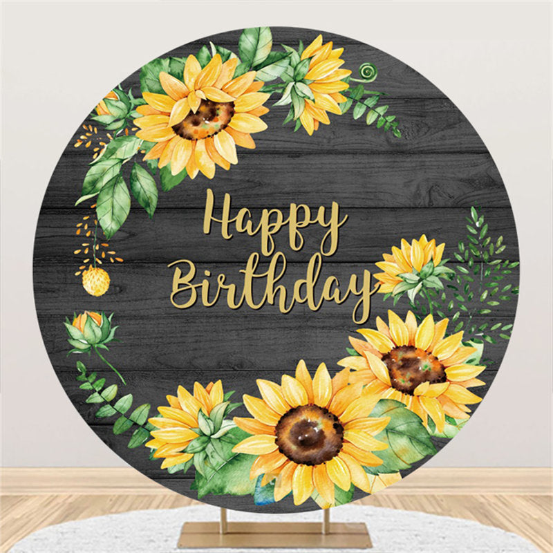 Aperturee Lovely Sunflower Wooden Round Happy Birthday Backdrop